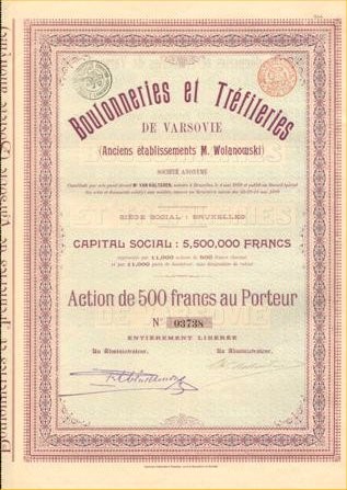 Boulonneries et Trefilleries de Varsovie (ancien etablissements M. Wolanowski), akcja na okaziciela (action au porteur)