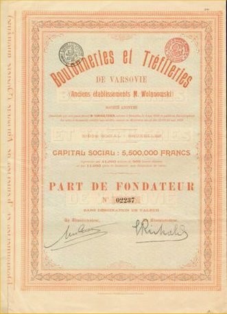 Boulonneries et Trefilleries de Varsovie (ancien etablissements M. Wolanowski), świadectwo założycielskie (part defondateur)